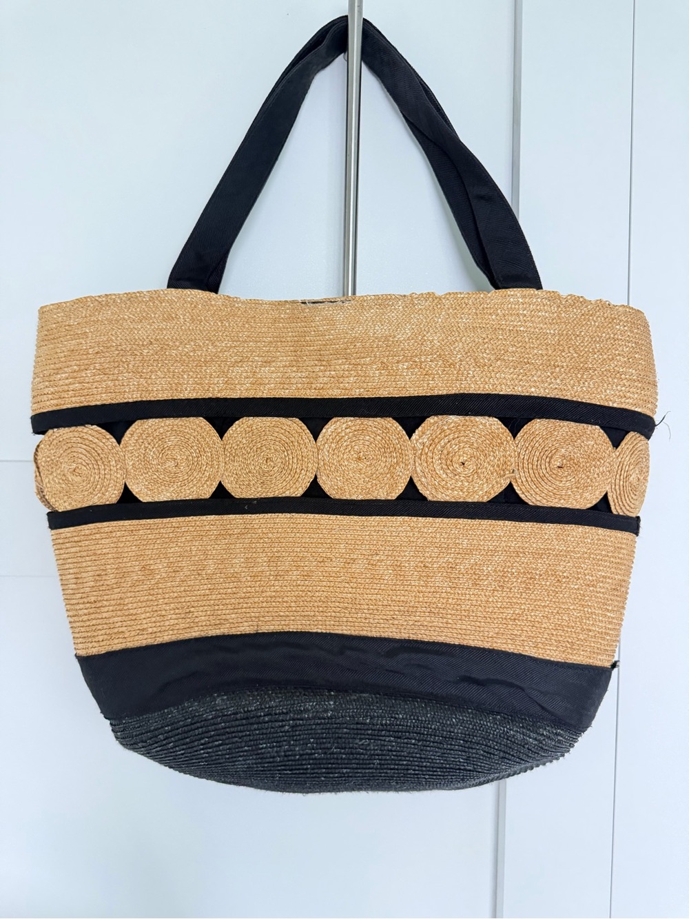 Neutral Straw Tote with Black Accents - Classic Summer Carryall bag